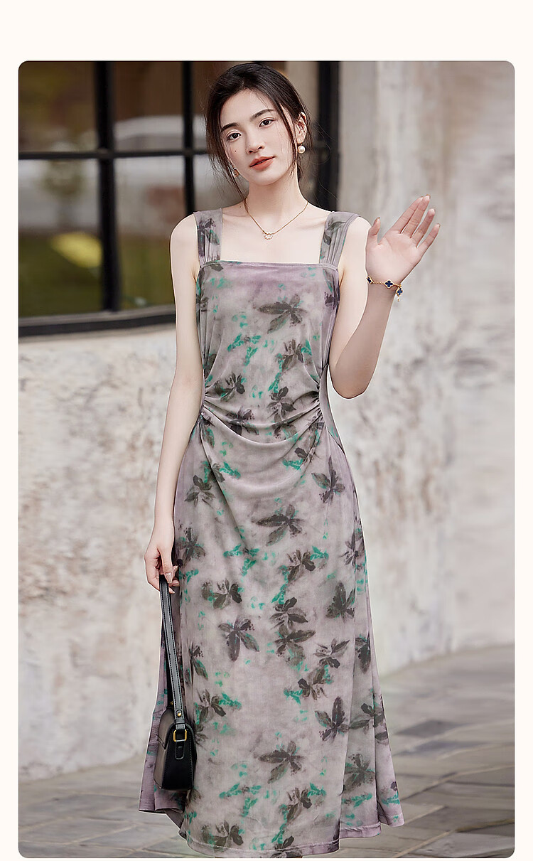 Dme [Xiao Xing Gan Da Ji Skirt] Summer Sleeveless Pleated Mesh Printed Tank Top Skirt, Waist-Cinching A-Line Dress 2