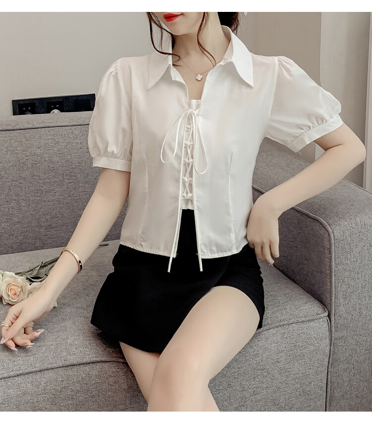 JEANSWEST Women's Summer 2025 Loose Puff Sleeve Short Sleeve Crop Shirt White L 26