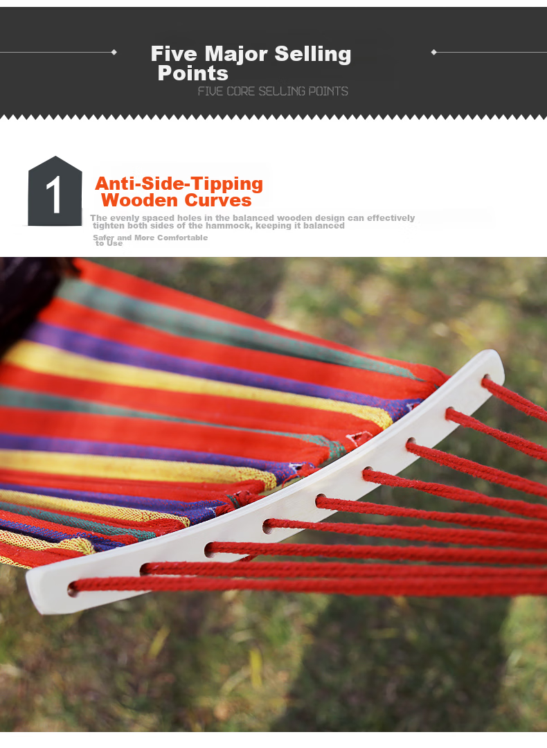 TAN XIAN ZHE Outdoor Camping Leisure Thickened Wide Canvas Hammock, Indoor Curved Wood Anti-Rollover, Single Red Crescent Hammock 3