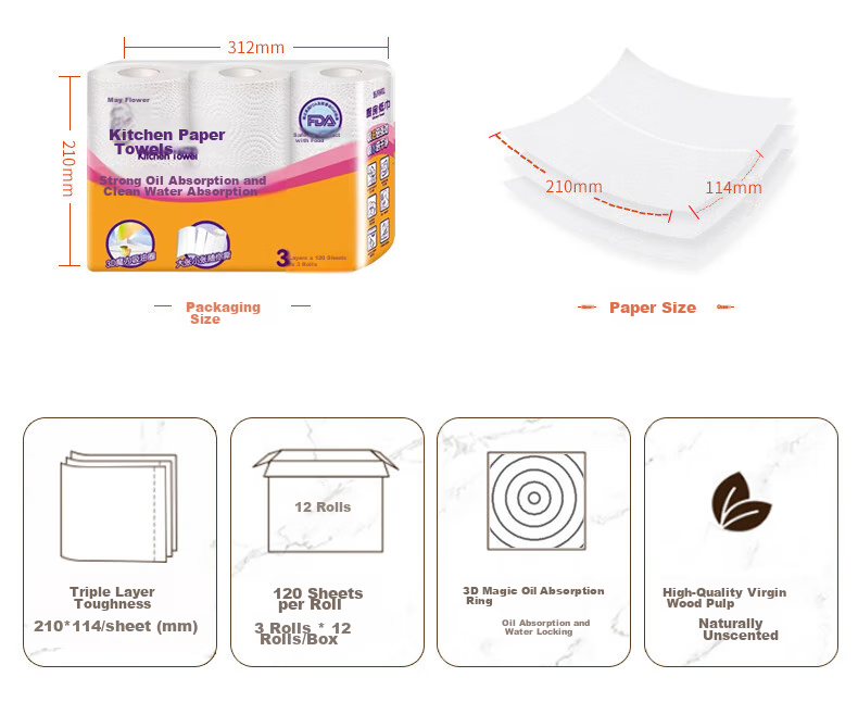 May Flower Kitchen Roll Paper, 3-Ply 120 Sheets*12 Rolls, Strong Oil-Absorbing, Food-Safe, Hand-Wiping, Bulk Pack 3