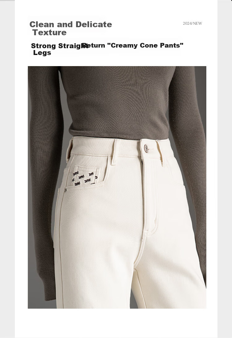 Dme Autumn And Winter New Fleece-Lined Slim-Fit Versatile Off-White High-Waist Straight-Leg Jeans for Wome 3