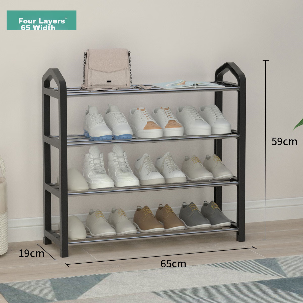 Qianxihuafu Simple Multi-Layer Shoe Rack, Small Household Indoor Entryway Storage Shelf for Dormitory And Rental Apartments, Black, 4 Tiers, 65cm