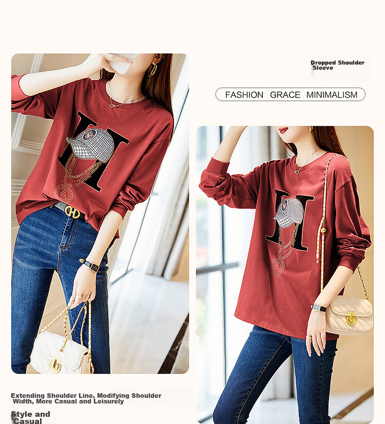 Dme Spring And Autumn Cloud Soft Cotton Long Sleeve Sporty Design Rhinestone Women's T-Shirt, Pink, XL 6