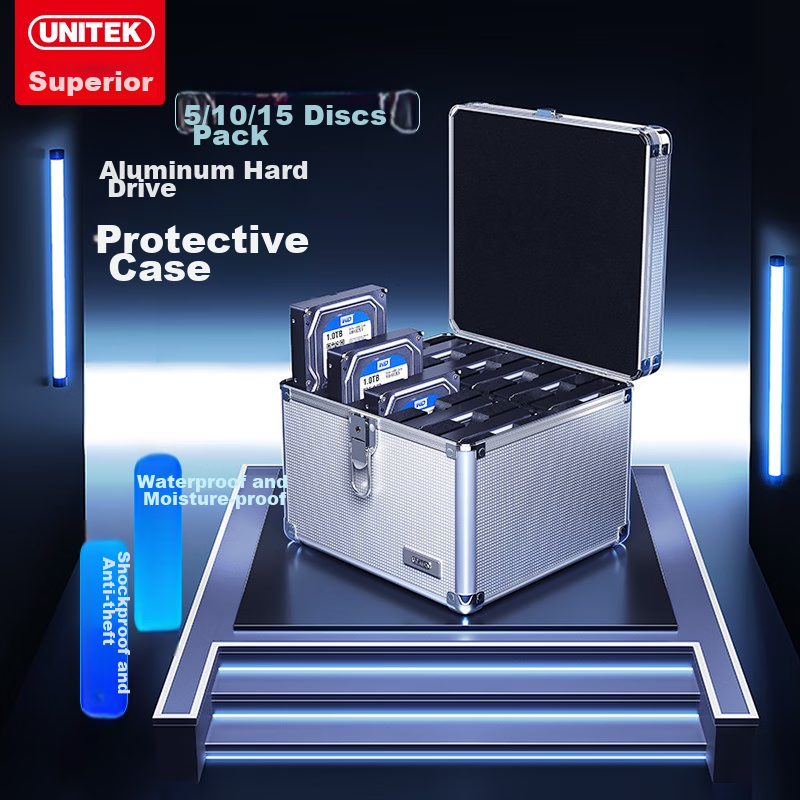 UNITEK 2.5/3.5-Inch Hard Drive Protective Case, 5-Piece Portable Protective Storage Box, Waterproof/anti-Theft/anti-Moisture/anti-Shock, Silver, OT32SL