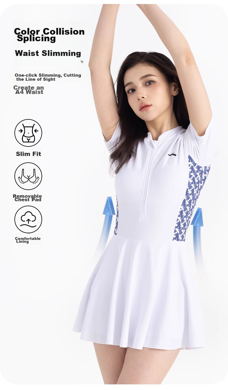 ANTA One-Piece Swimsuit for Women, Hot Spring Swimwear, New Style Skirt Design, Slimming for Curvy Figures, Tummy Control, Conservative, Plus Size, White, Size M 6
