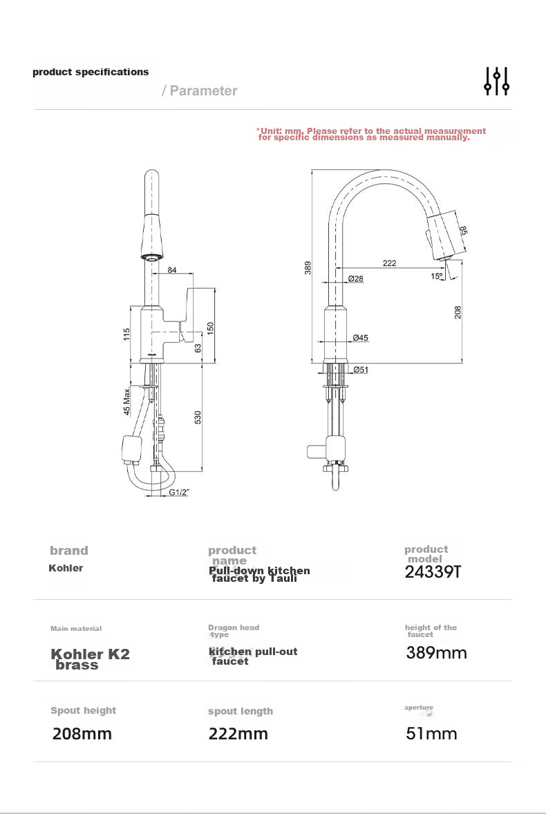 Kohler Kitchen Faucet Taoli High-Arc Pull-Out Faucet Copper Alloy 24339T Upgraded Version 15