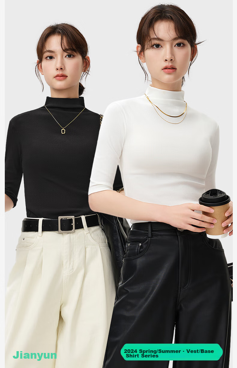 Jianyun Modal Cotton Turtleneck Base Layer, Women's Thin Inner Wear, Slim-Fit Short-Sleeve Undershirt, Can Be Worn As Outerwear, Five-Point Short-Sleeve Base Top 2