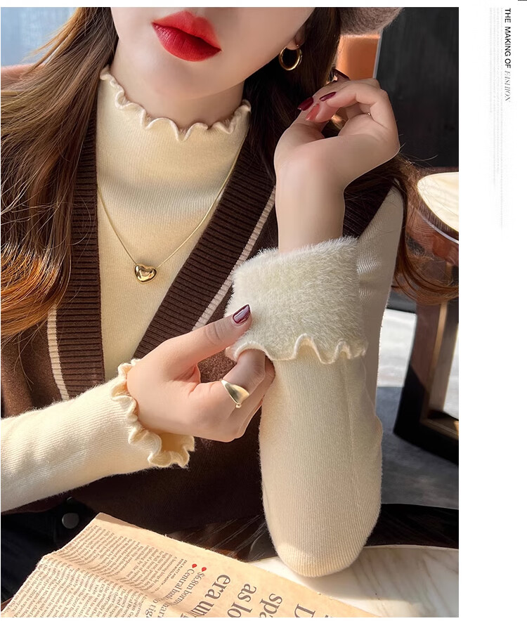 XUEXIMAN Women's Base Layer Sweater, Autumn And Winter Ruffle Trim Knit Top, Versatile High-Elasticity Slimming Pullover for Outer Wear 11
