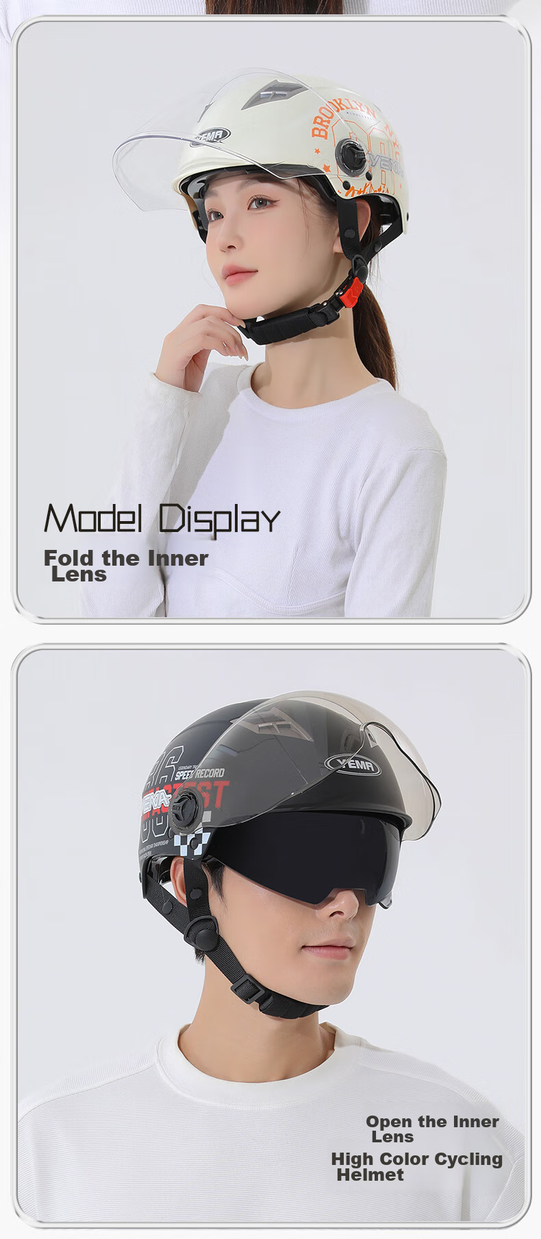 YEMA Helmet for Electric Scooters, Women's 3C Certified, New National Standard, Summer Sun Protection, All-Season Universal, Battery-Powered Scooter Half-Helmet, Men's Safety Helmet, Motorcycle, Ceramic White with Transparent Long Visor 14