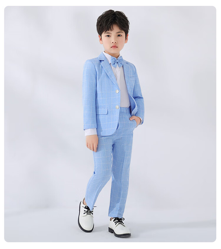 LUOBOBEIBEI Boys' Suit Set, Children's Formal Wear for Spring And Autumn, Plaid Suit, Flower Boy Birthday Outfit, Blue Four-Piece Set, Size 110 14