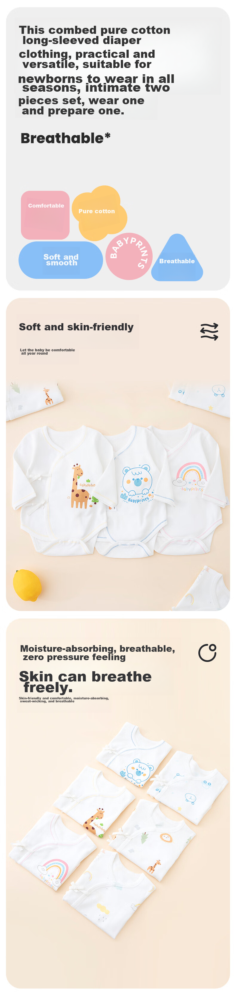 Babyprints Newborn Onesie 2-Pack, Baby Romper Long Sleeve Bodysuit, Pure Cotton All-Season Underwear, Rainbow 59 1