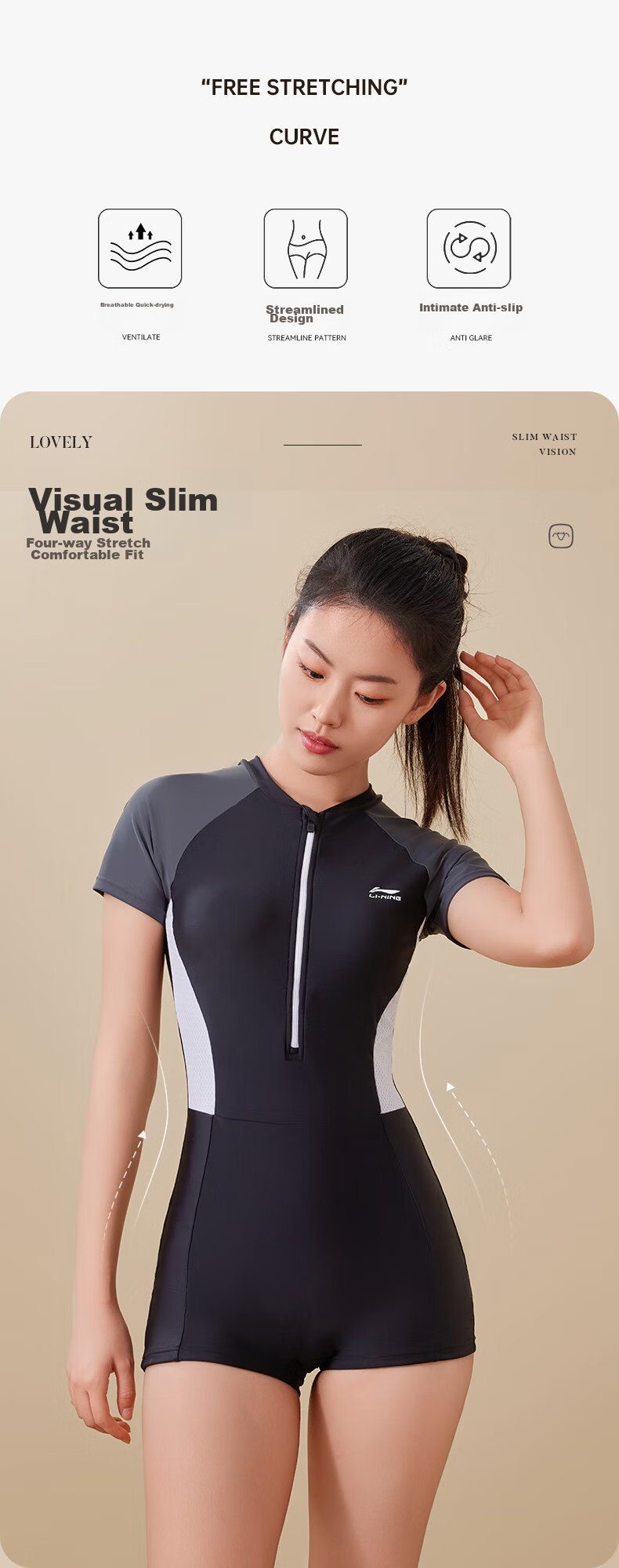 Li-Ning One-Piece Swimsuit for Women, Square-Leg Swimming Costume, Professional Athletic Conservative Slimming Hot Spring Swimwear, 4631 Black And Gray, Size L 2
