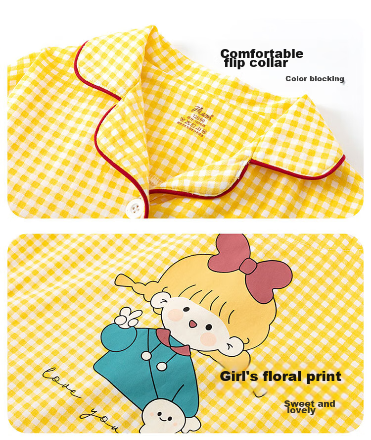 Dingguagua Children's Pajamas for Girls, Spring And Autumn, Pure Cotton Long-Sleeve, for Older Girls And Toddlers, Cardigan Style, Girls' Loungewear, Yellow, Size 140 9