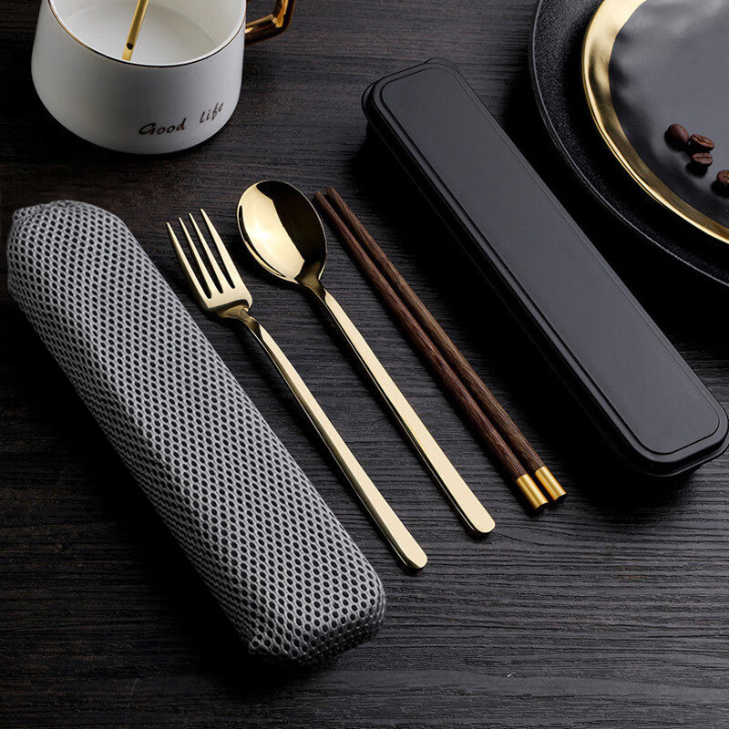 Shihua 304 Stainless Steel Spoon And Fork with Chicken Wing Wood Chopsticks Set, Four-Piece Portable Cutlery for Students, Adults And Travel