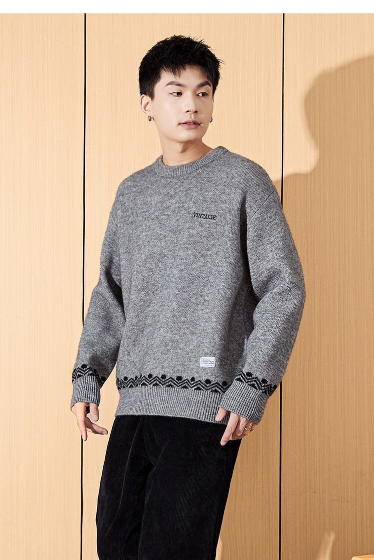 TonLion 2024 Men's Crew Neck Colorblock Pattern Knit Sweater Graphite Gray XL 4