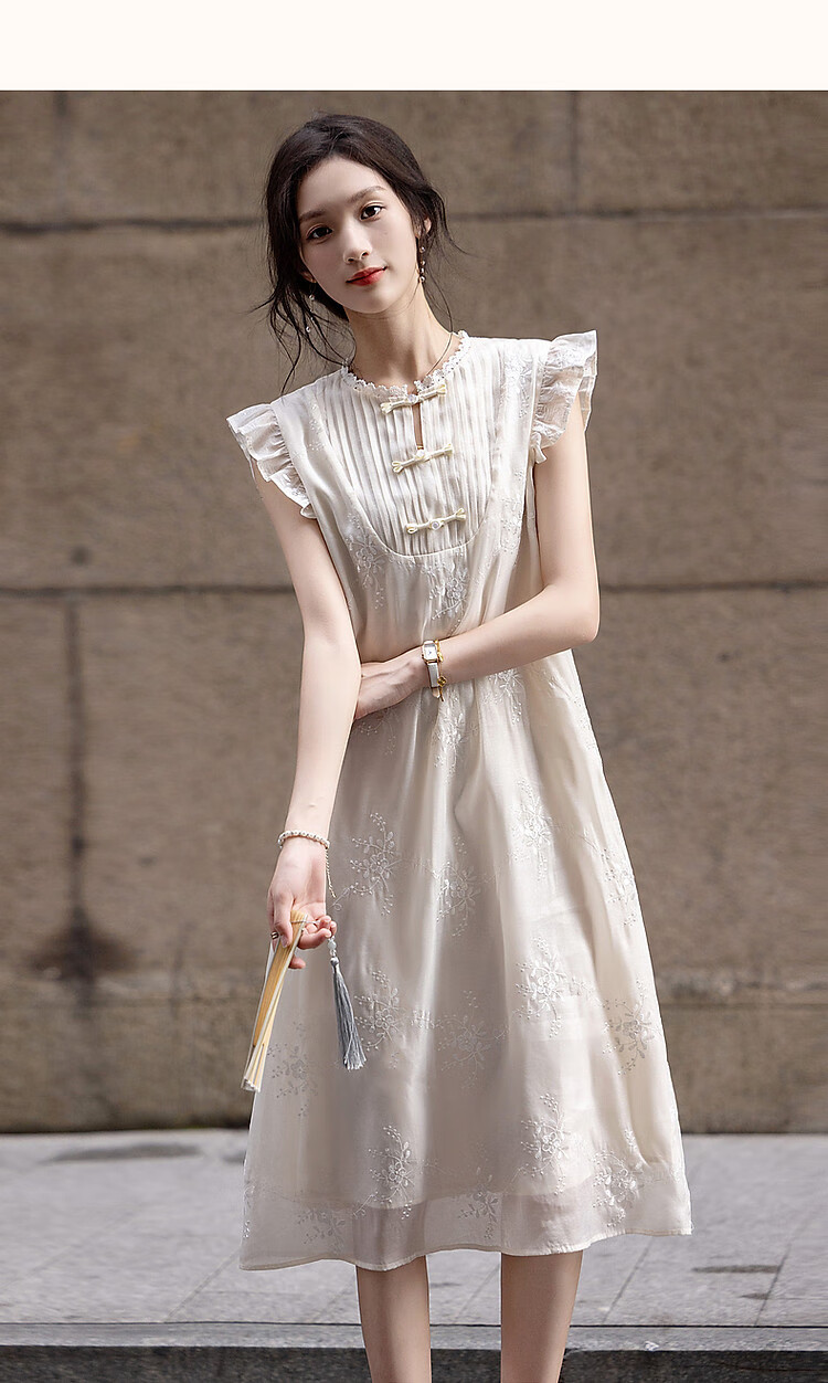 Dme [Yuhu Bingxin] Spring And Autumn Style New Chinese Embroidered Button Closure Water-Soluble Lace Trim Short Flutter Sleeves Dress for Wome 14