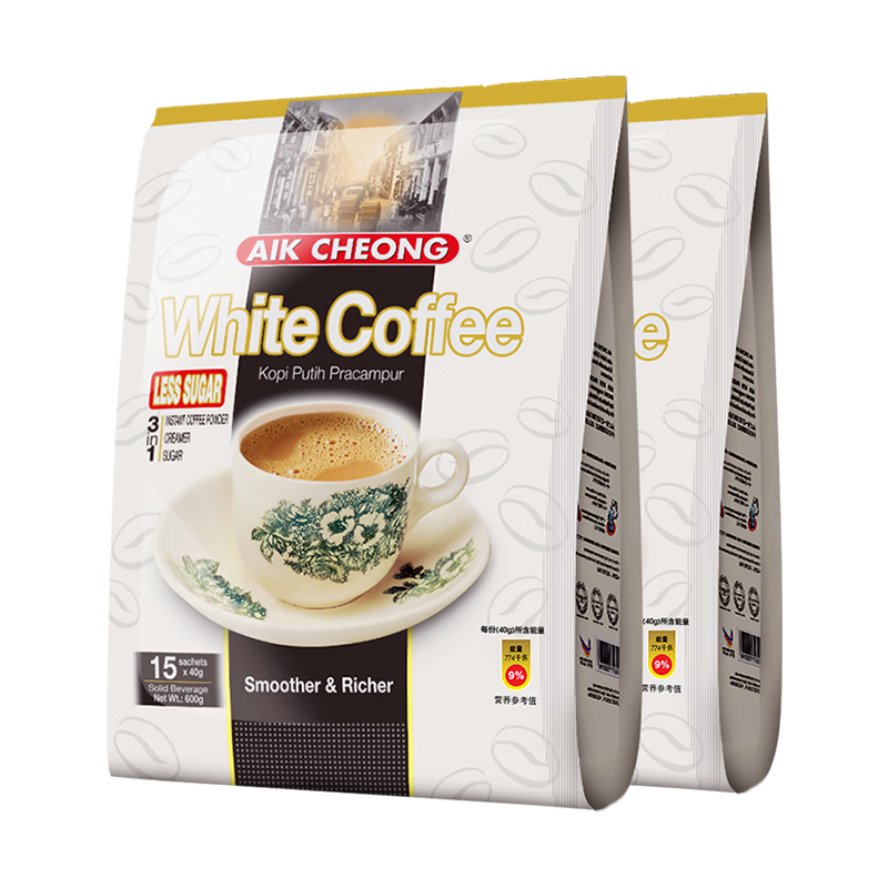 益昌老街 白咖啡三合一(减少糖)冲调饮品 马来西亚进口 15条600g*2袋