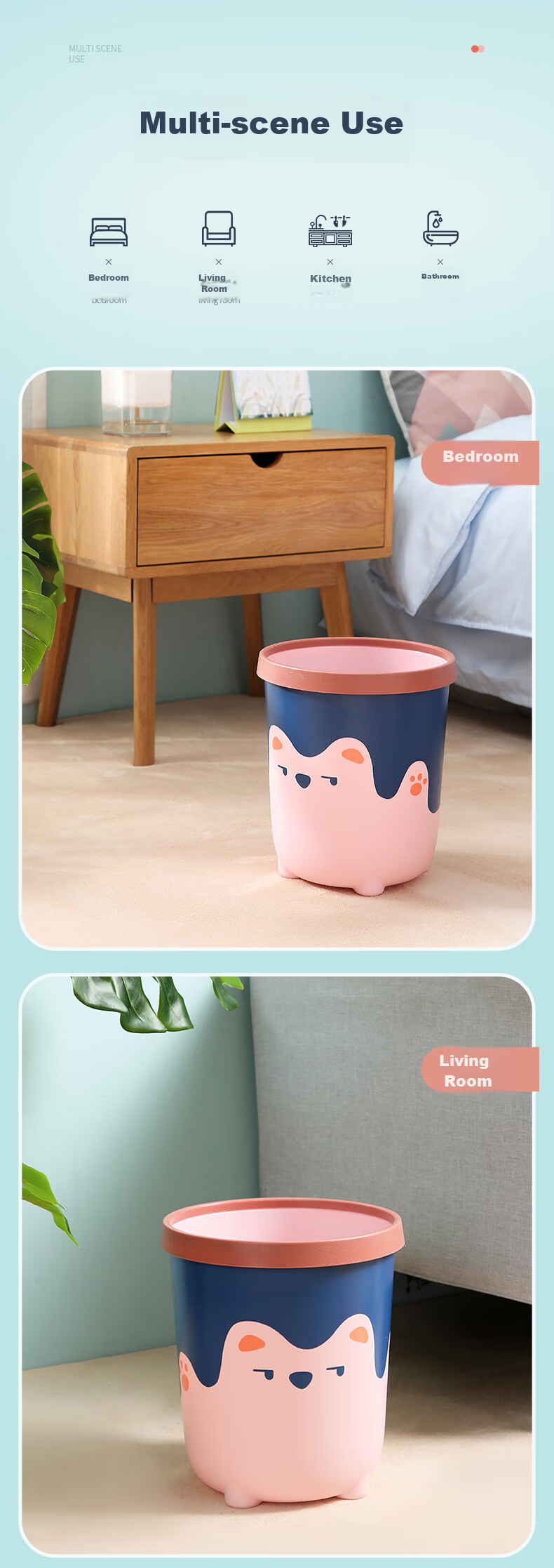 MENGTING Creative Trash Can with Press Ring, 10L Capacity, Cartoon Design for Home And Office Use, Large Capacity Wastebasket for Living Room, Pink 8