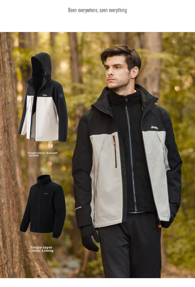 JEEP Windbreaker Jacket for Men And Women, Autumn And Winter Outdoor Three-In Windproof And Warm Mountaineering Coat, Vintage White, 3XL 30