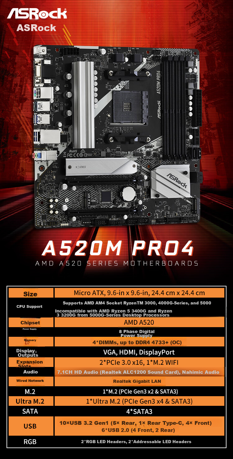 ASRock A520M Pro4 Craftsmanship Motherboard Supports CPU 5600/5600GT (AMD A520/Socket AM4) 3