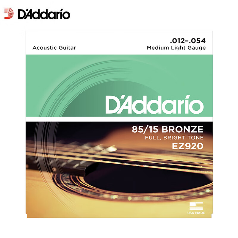 D'Addario EZ920 American Imported Acoustic Guitar Strings, Carbon Steel String Set 12-54 Brass