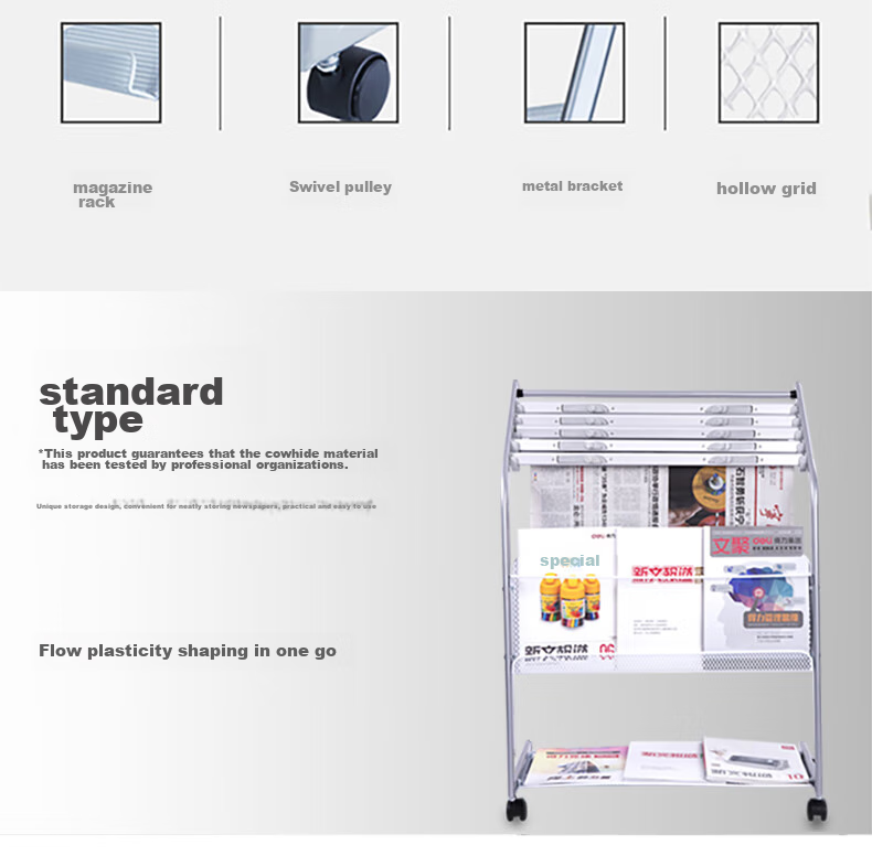 Deli Five-Tier Aluminum Alloy Clip Newspaper Rack Magazine Stand Bookshelf, Promotional Periodical Display Shelf, Floor-Standing Rack Office Storage Shelf, Height 0.87 Meters 2