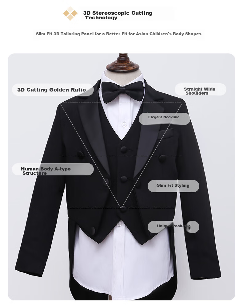 Luomeng Boys' Formal Suit Set, Little Host Piano Performance Outfit, Flower Boy Tailcoat, Black, Size 170 10