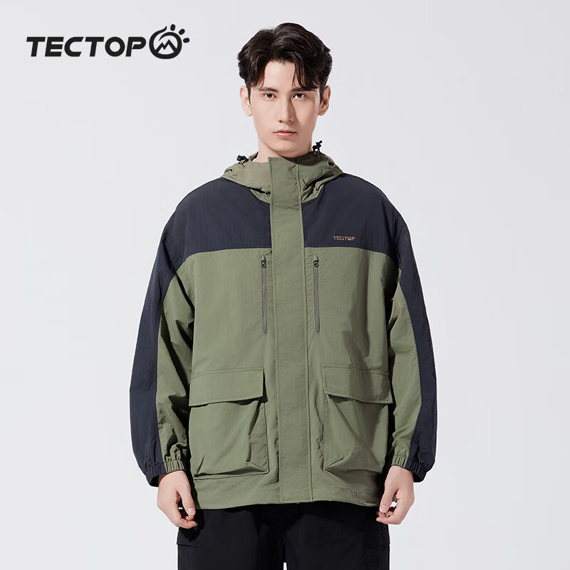 TECTOP Windproof Outdoor Hiking Jacket, Casual Outerwear, 2412205WT, Olive Green/ebony Gray, Size S