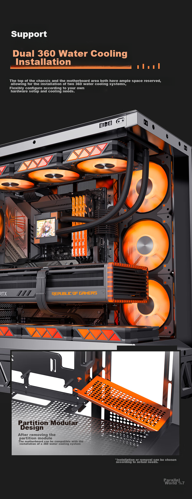 Golden Field Parallel World Black Gaming Computer Desktop Case Compatible with Dual 360mm Water Cooling ATX Motherboard Three-Sided Quick Release Supports Back Mounting 270° Panoramic View 12