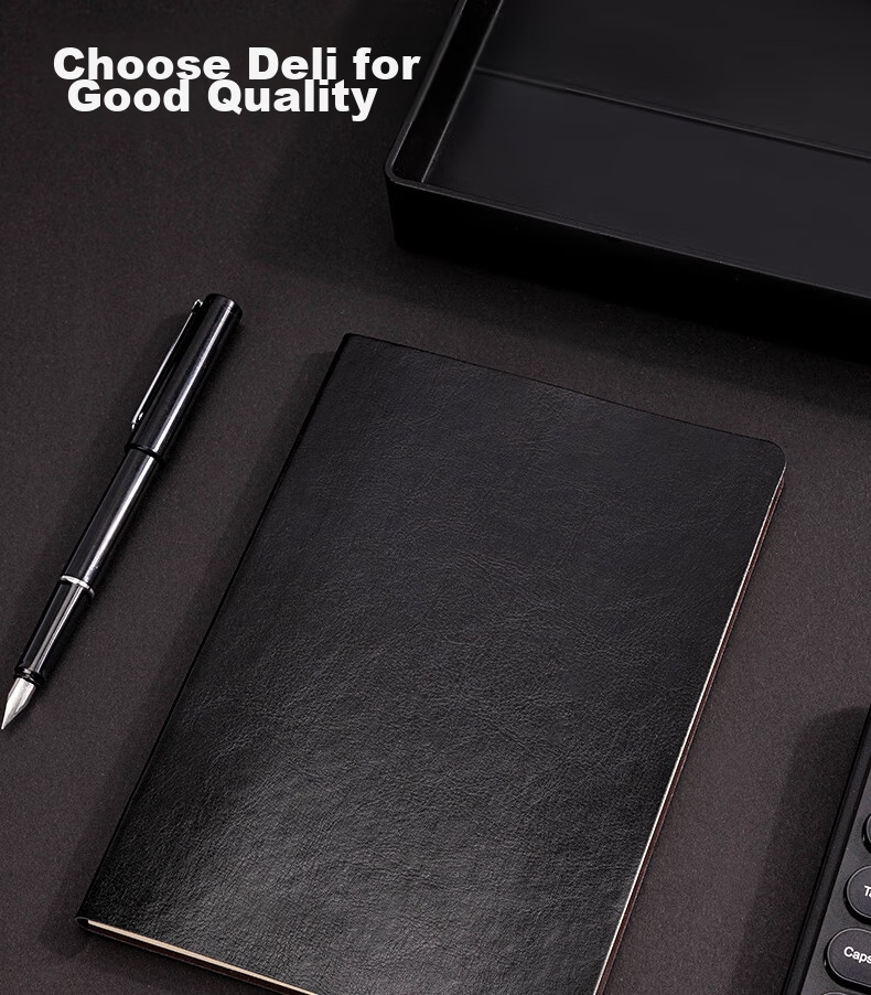 Deli 25K 80-Sheet Classic Business Leather Notebook, Soft Cover with Pasted Pages, Meeting Journal Diary Notebook, 205mm*143mm, Black, 7995 15