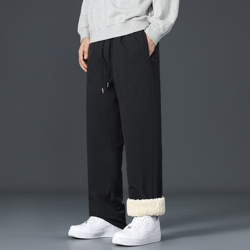 CLOR Lambswool Pants for Men, Autumn And Winter Fleece-Lined Thick Warm Casual Sports Straight-Leg Trousers CL45JR Black 4XL