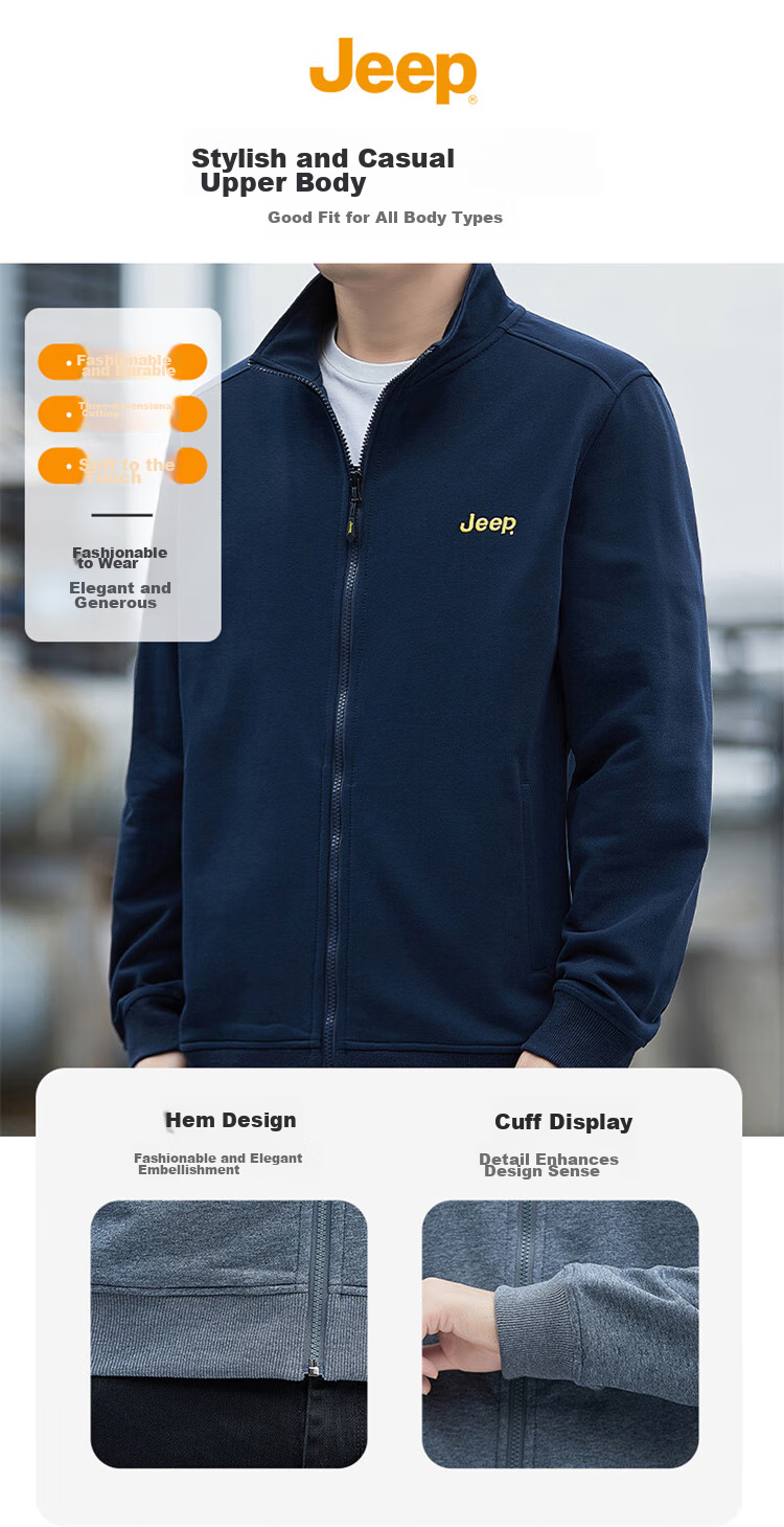 JEEP Men's Sweatshirt, Casual Cardigan Jacket for Spring And Autumn, Loose-Fitting Stand-Collar Top, Men's Clothing, Black, 4XL 5