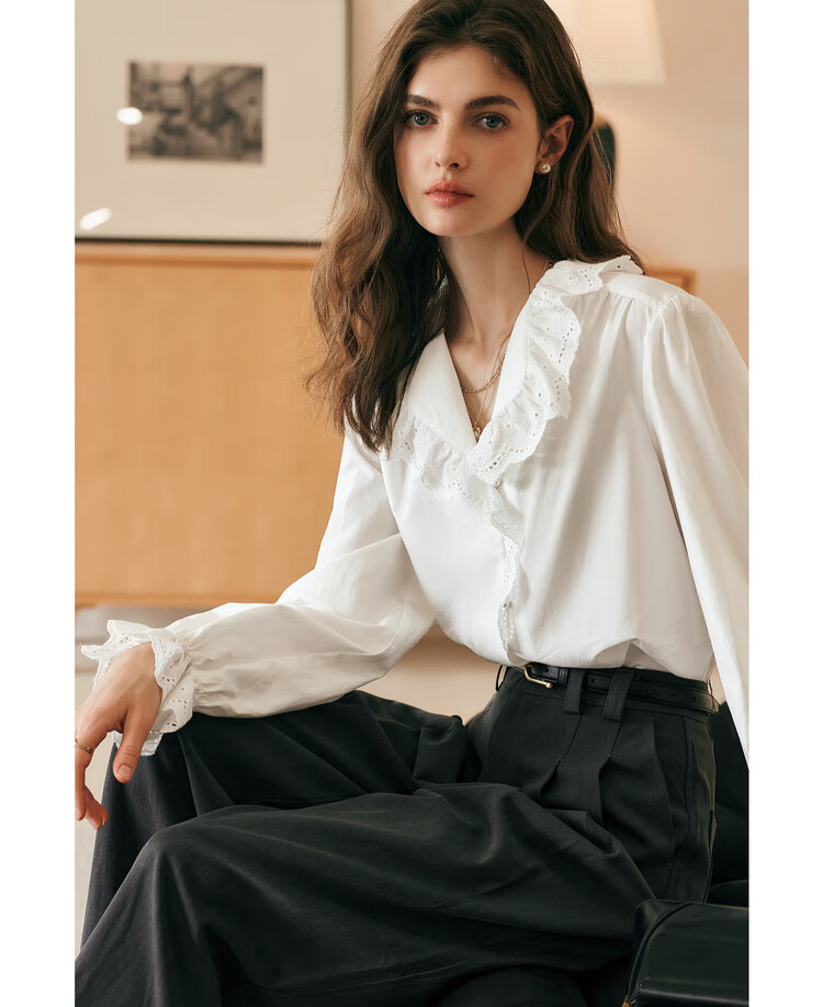 Olrain French Lace Shirt Women Autumn New Elegant Commuter Ruffled Collar Blouse Off-White S 10