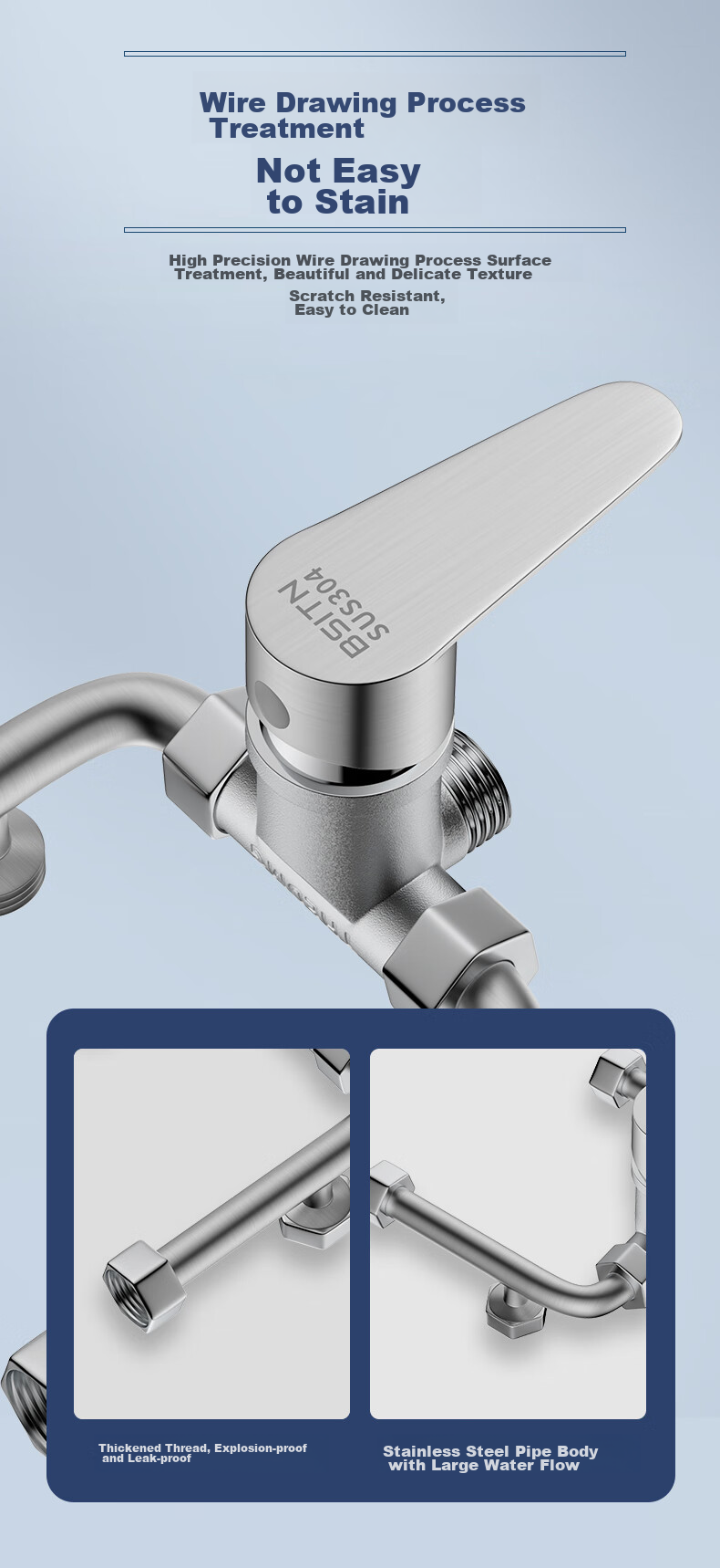 BSITN Electric Water Heater Mixing Valve, 304 Stainless Steel Shower Switch, Hot And Cold U-Shaped Valve, Surface-Mounted Shower Faucet Accessories, B039 8