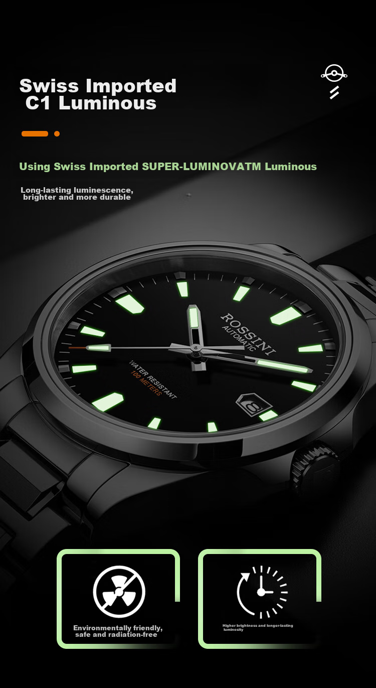 ROSSINI Men's Mechanical Watch, Birthday Gift for Men, Luminous, Water-Resistant, Black Dial, Tungsten Steel Strap, 5240209 9
