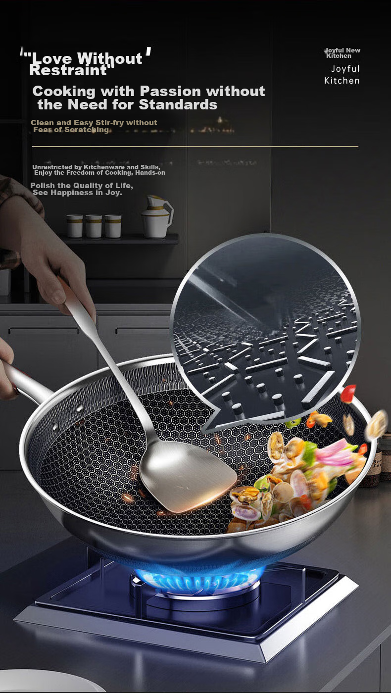 KBH Wok, Yuechu Honeycomb Double-Sided Non-Stick Pan, 316L Stainless Steel Frying Pan, 32cm, Compatible with Induction And Gas Stoves 13