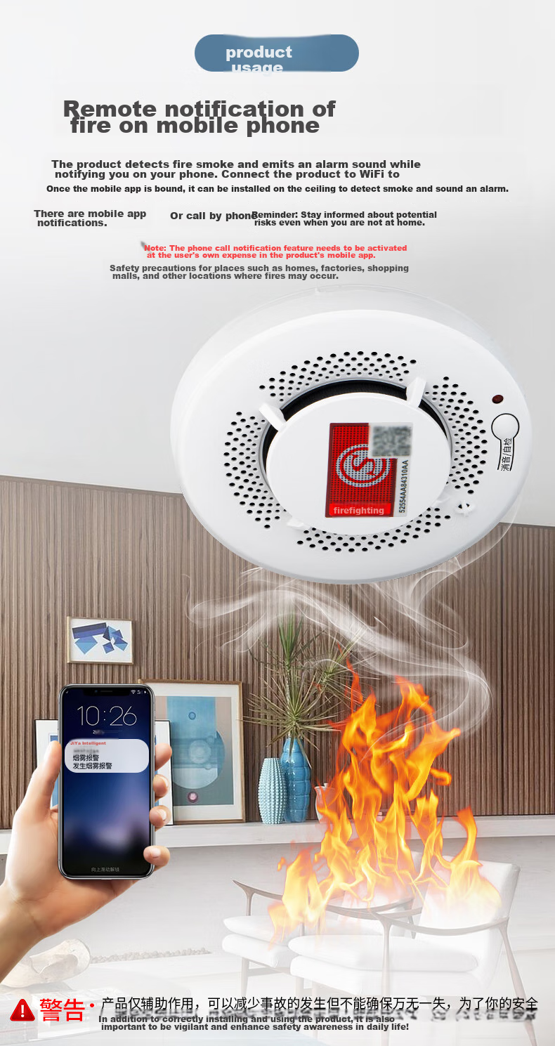 LFang PS-818 WIFI Smoke Alarm, Fire Safety 3C Certified, Fire And Smoke Temperature Alarm, Home Remote Warning System 4