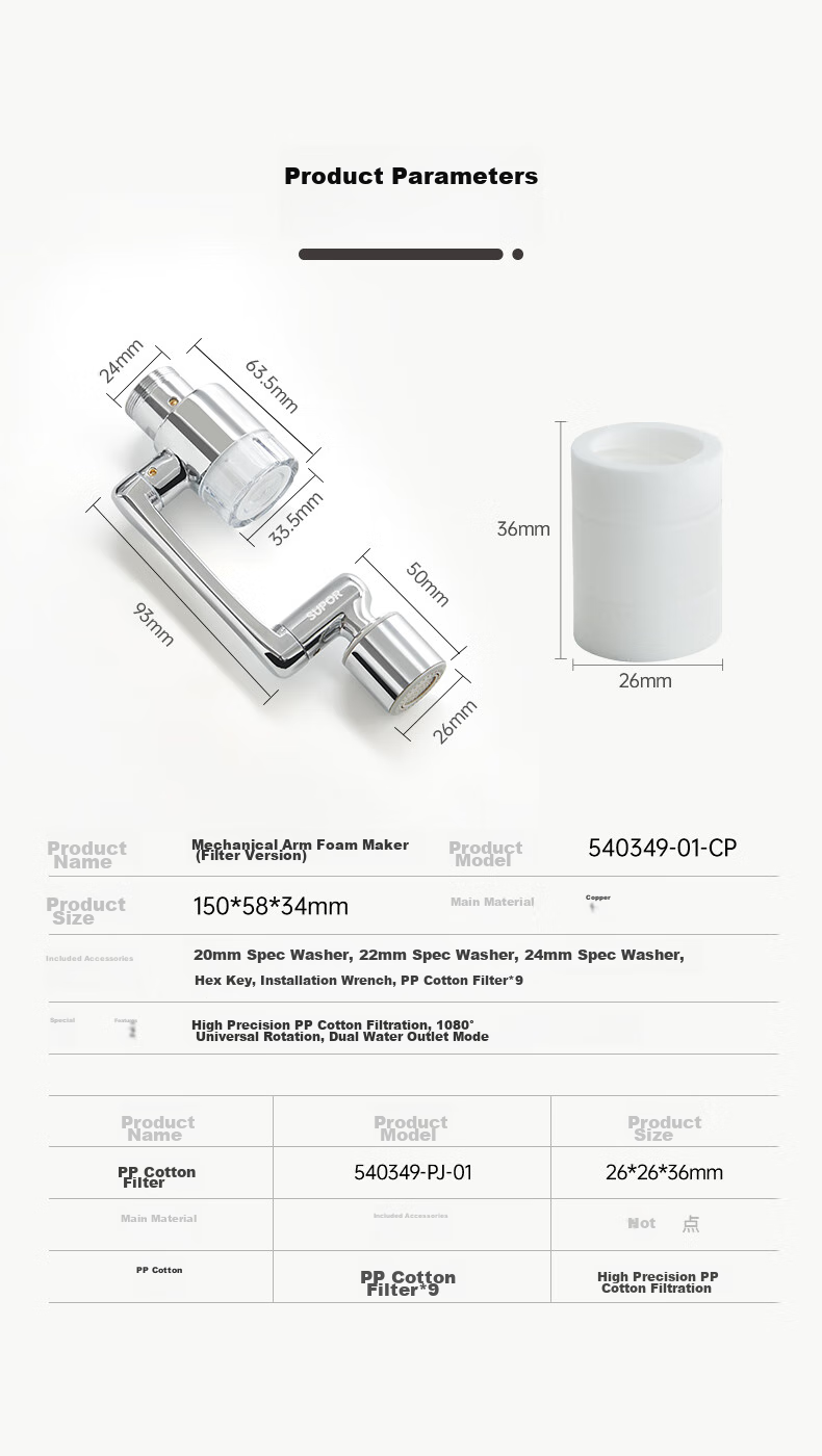 SUPOR Faucet Aerator, 1080 Filter Extender, Kitchen Sink Universal Rotating Splash-Proof Device, Mechanical Arm S 20