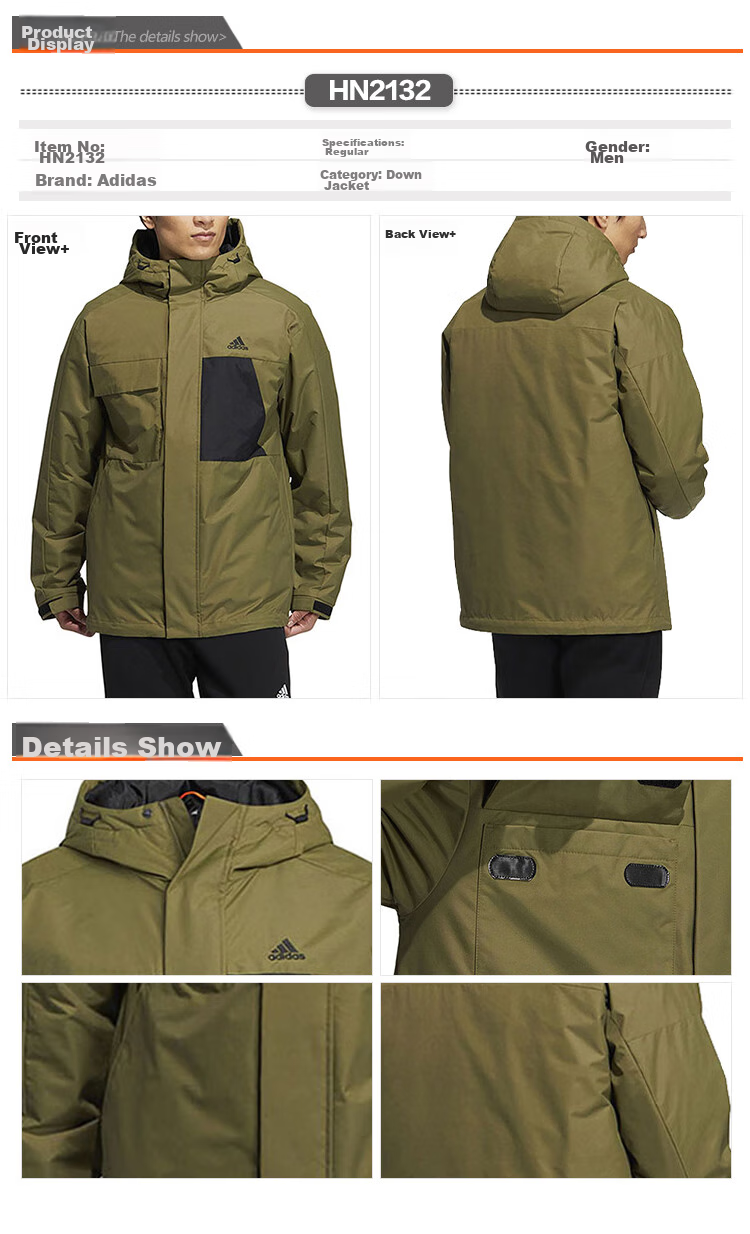 Adidas Men's Winter Regular Duck Down 600 Fill Power Olive Green Hooded down Jacket, HN2132 S 2