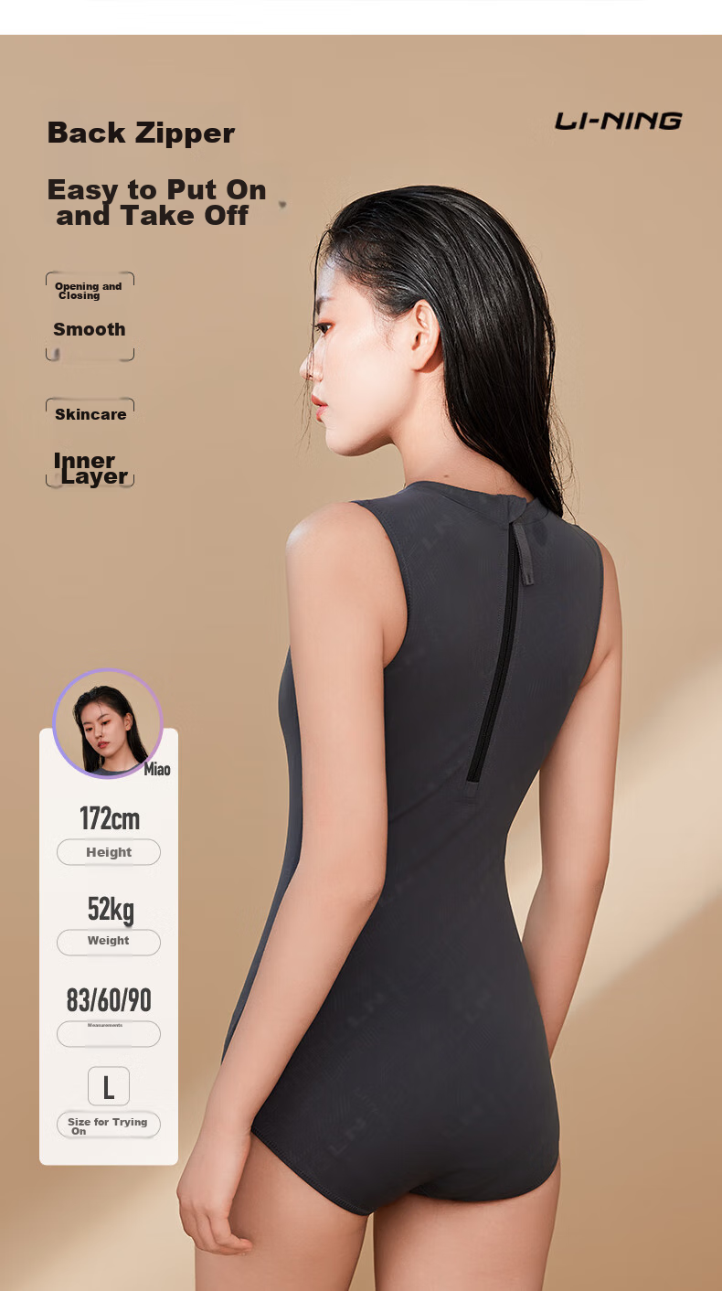 Li-Ning Women's Swimwear, Sun Protection UPF50+, Quick-Drying Professional Competition Training Slim-Fit Hot Spring Swimsuit, 0961 Black L 9