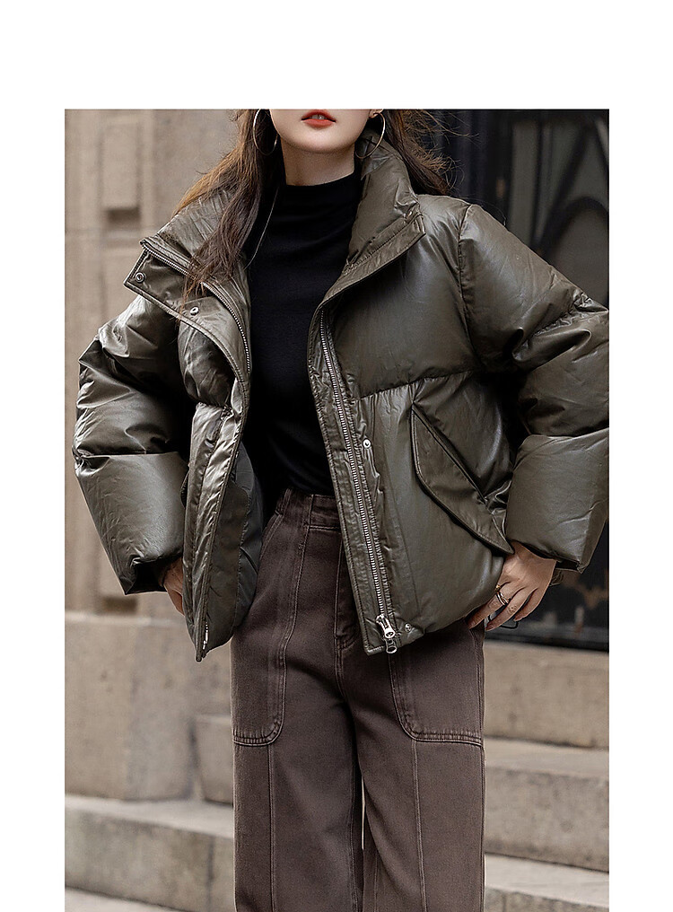 Dme [Washless Luxury Old-Style] Winter New Stand-Collar PU Loose Long-Sleeve Thick Warm Slimming down Jacket for Women, Short Style 4
