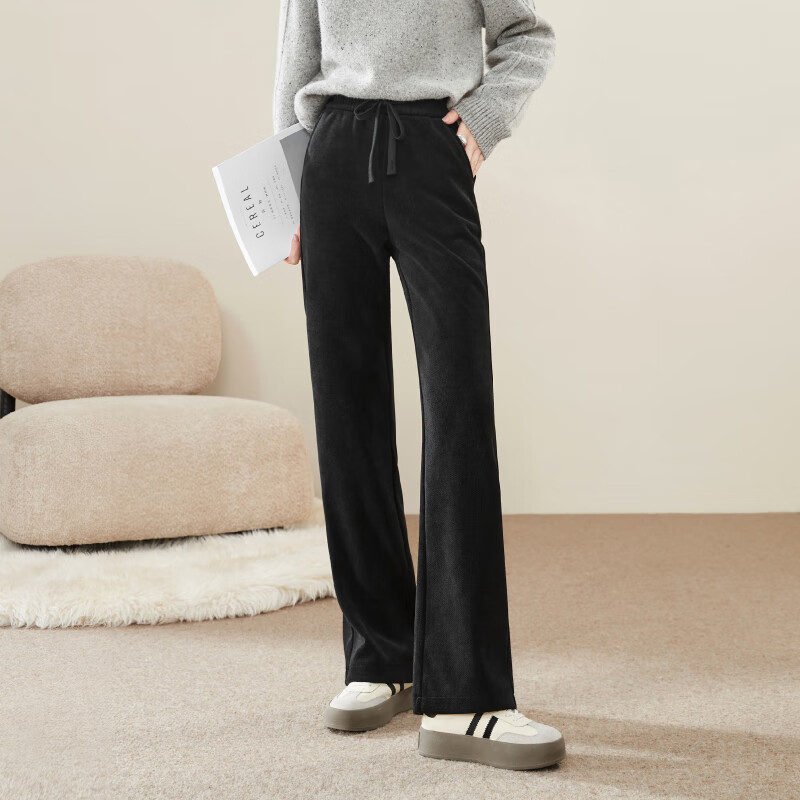 ESE-Y Fleece-Lined Slim Straight Pants for Women, High-Waisted Slimming Autumn And Winter Thick Long Trousers, Black, Size 26 (One Chi Nine)
