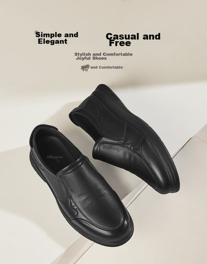 Kangnai Slip-On Business Casual Shoes, Simple And Comfortable Loafers, Everyday Men's Youth Round Toe Leather Shoes, Black, Size 40 1