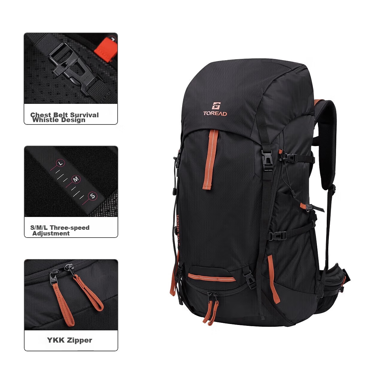 TOREAD Hiking Backpack, Outdoor Trekking Professional Rucksack, 50L Large Capacity, Waterproof Breathable Long-Distance Travel Bag, Black