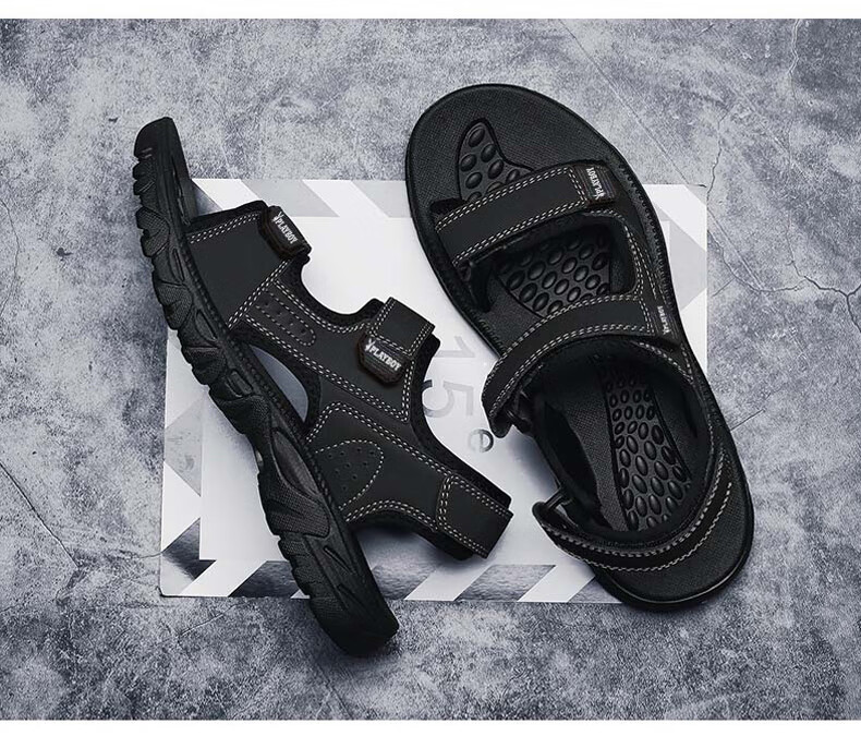 PLAYBOY Men's Sandals, Summer 2025 Breathable Beach Shoes, Korean-Style Perforated Shoes with Velcro Slippers, Black, Size 40 8