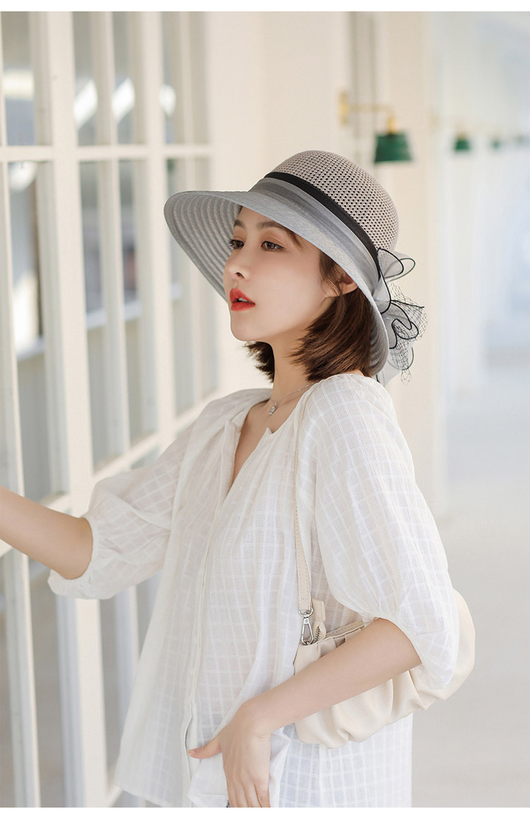 GLO-STORY Organza Women's Sun Protection Hat Lace Pearl Elegant Breathable Straw Top Fisherman Hat for Outings 11
