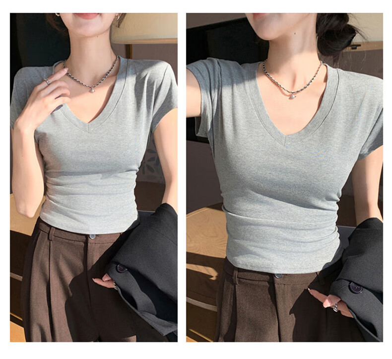 XUEXIMAN Women's Summer T-Shirt, Stylish And Simple Design, Slim Fit with Waist-Cinching V-Neck, Wrinkled High Cotton Short Sleeves for Wome 15