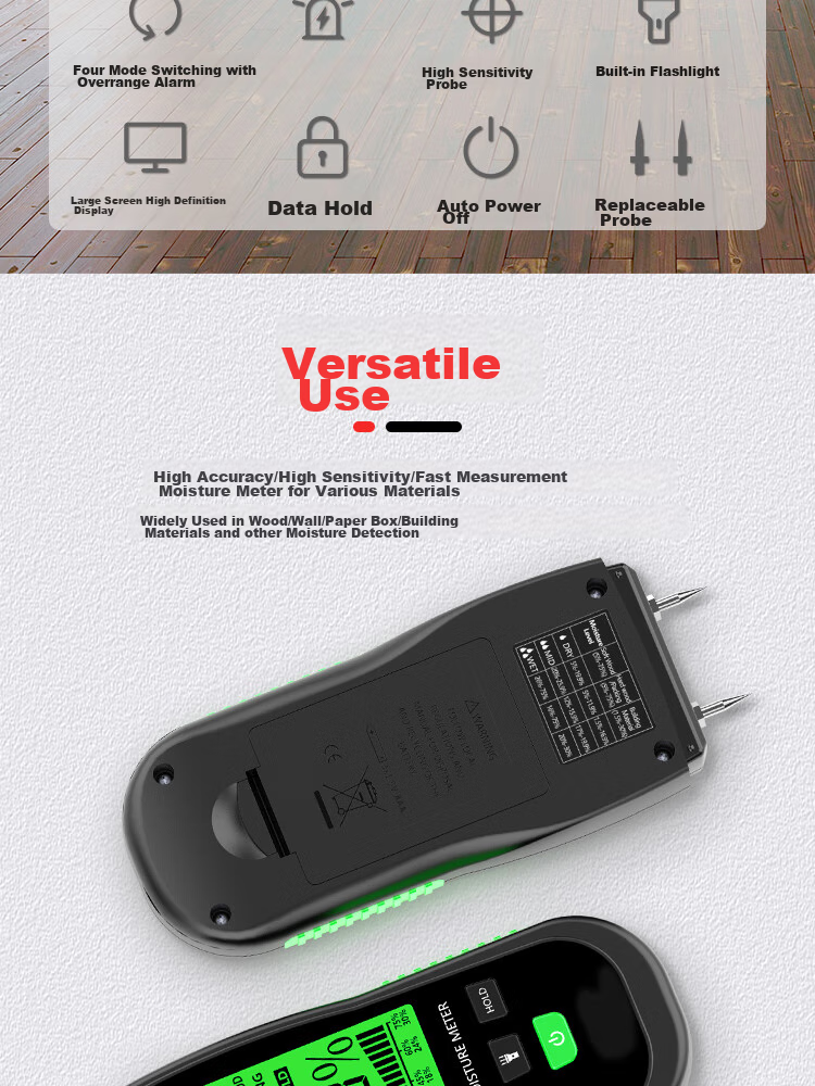 YHT Color Screen Sensor Moisture Meter MT28C for Furniture, Wood, Floor, Wall Moisture Content And Humidity Testing Instrument 6