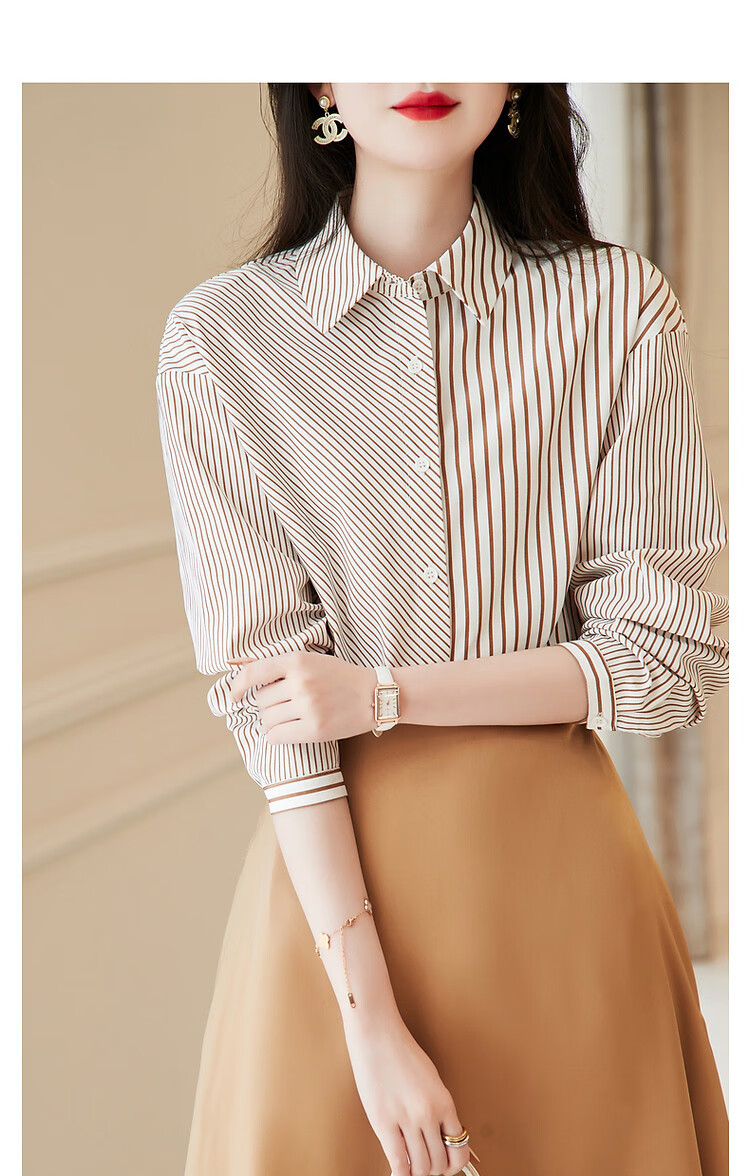 Dme [Stylish Intellectual] Spring And Autumn Free Simple Striped Patchwork Shirt, Comfortable Cotton-Blend Slimming Blouse 14