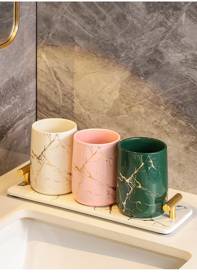 Fanyejia 3-Piece Marble Gold Pattern Bathroom Cup Set for Guesthouse And Home Use, Ceramic Mouthwash Cups for Couples, High-End Set 13